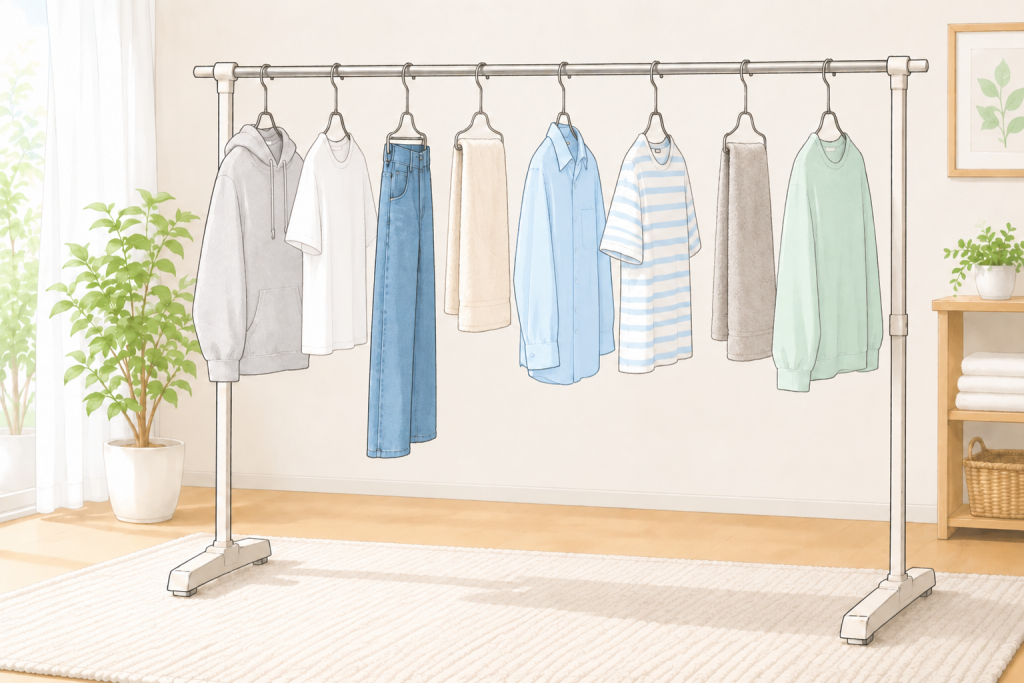 厚手と薄手の衣類を交互に干すイメージ